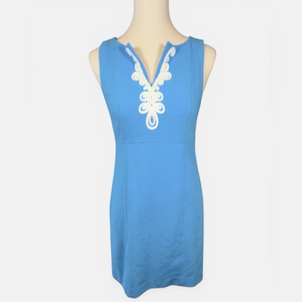 Lilly Pulitzer Blue Soutache Trim Shift Dress Sleeveless Split Neck‎ Size 0 - Picture 2 of 10